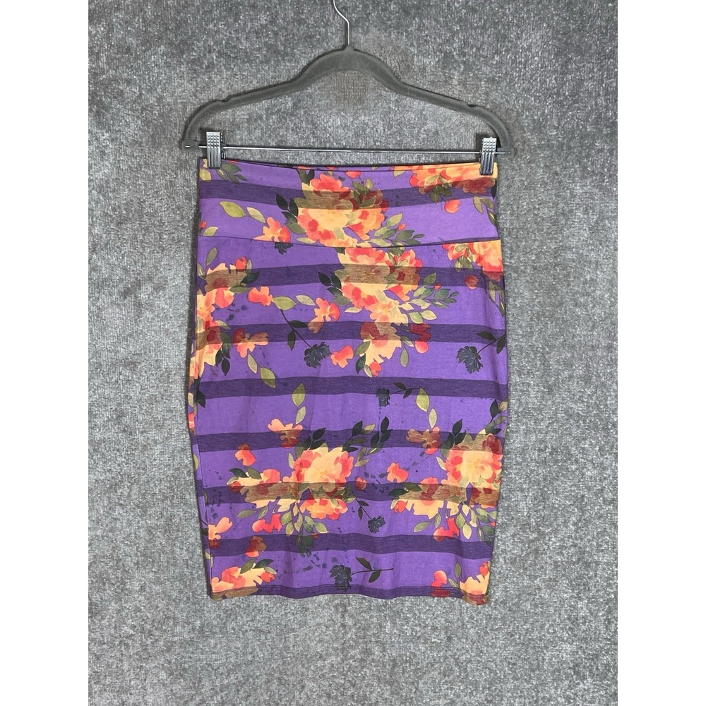 Lularoe Cassie Pencil Straight Skirt Womens Size M Purple Stripe Floral Splatter
